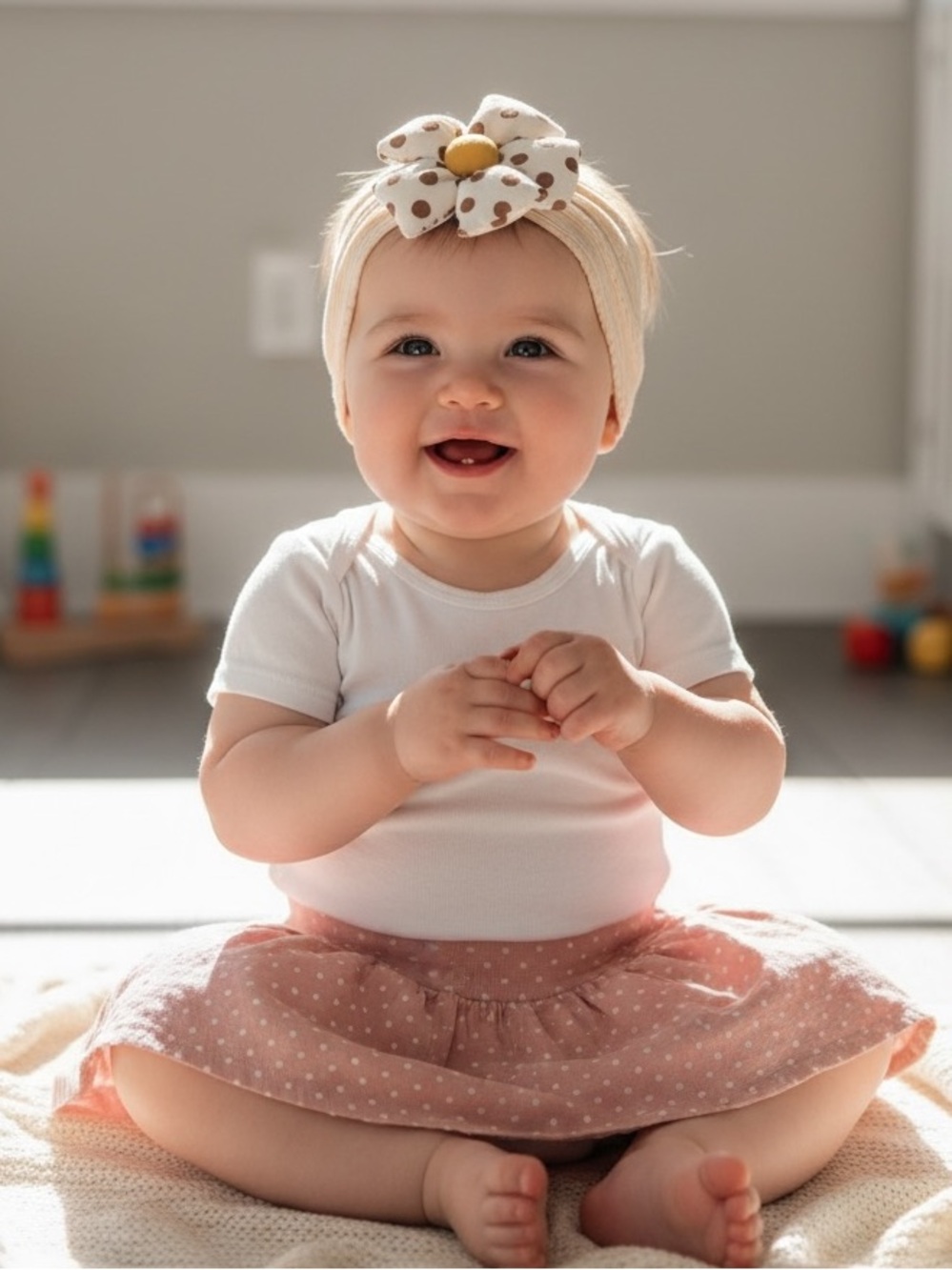 Neutral Polka Dot Flower Headband for Kids - Cream with Brown and Yellow Accent